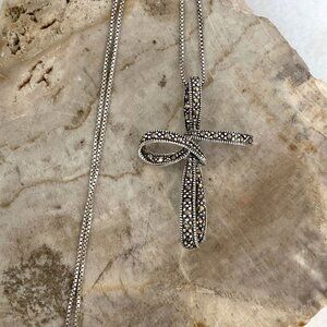 Sterling Silver 925 1.5" Dimensional Marcasite Cross Pendant Necklace 18" Chain